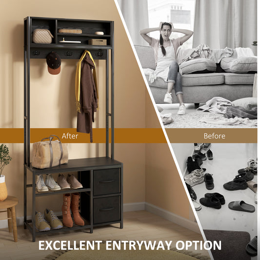 Hall Tree with Bench and Shoe Storage, 5-in-1 Entryway Bench with Coat Rack, 3 Storage Shelves, 2 Fabric Drawers, Black
