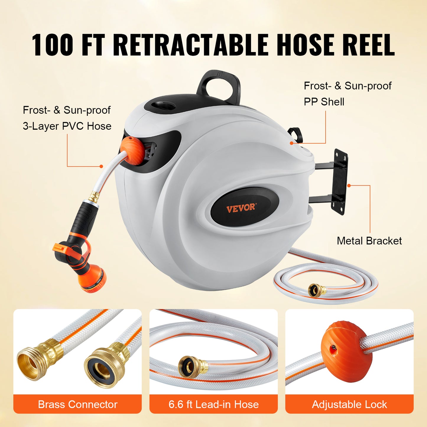 VEVOR Retractable Hose Reel Water Hose Reel Swivel Wall-Mounted,Garden Water Hose Reel With 9-Pattern Nozzle,Automatic Rewind, Lock At Any Length, With Slow Return System