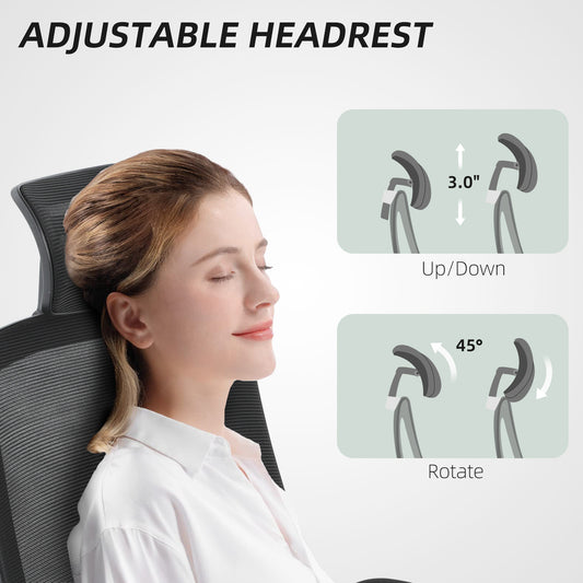 Mesh Office Chair, Ergonomic Desk Chair With Flip-up Armrest, Rotatable Headrest, Adjustable Lumbar Support, Black