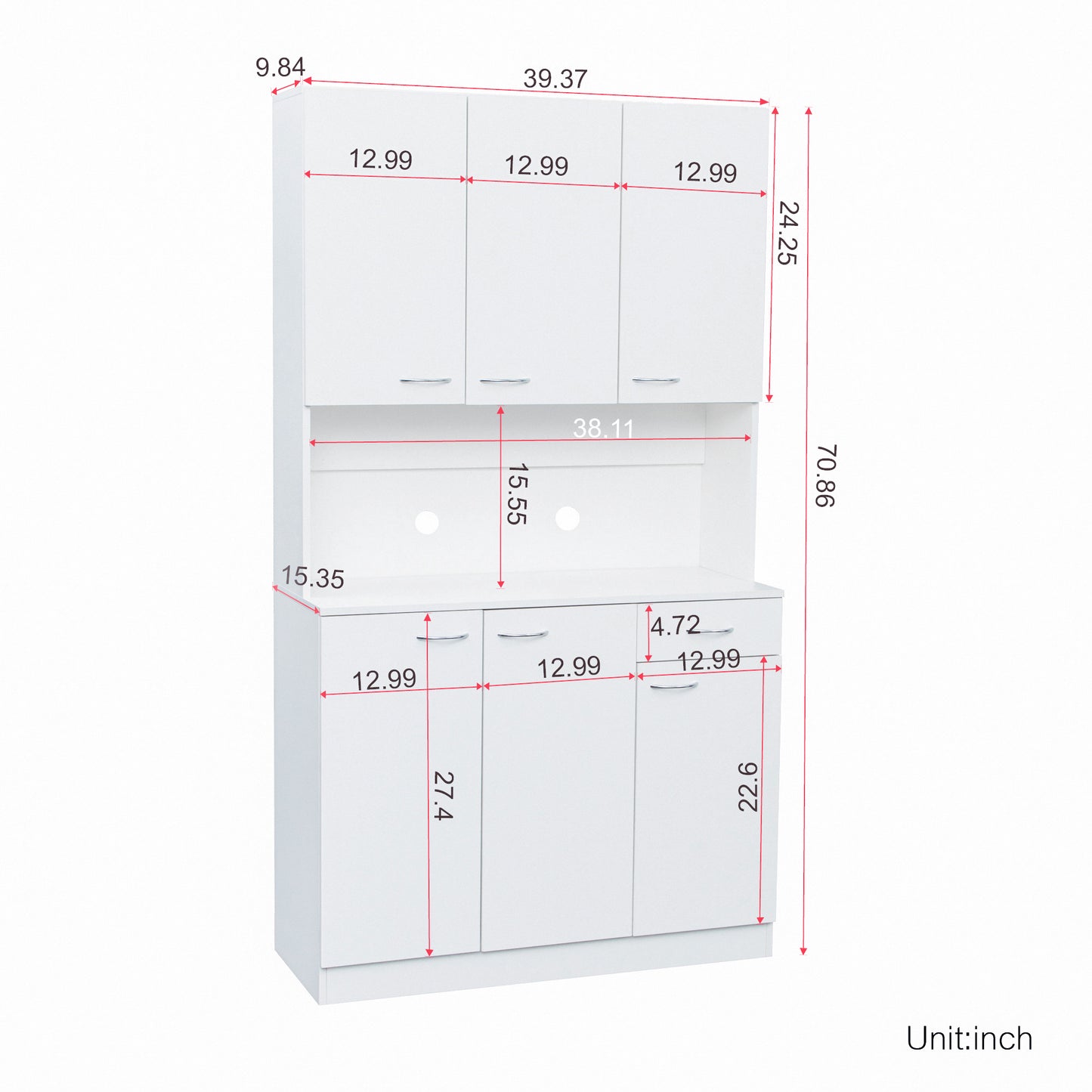 70.87 Tall Wardrobe& Kitchen Cabinet, With 6-Doors, 1-Open Shelves And 1-Drawer For Bedroom,White