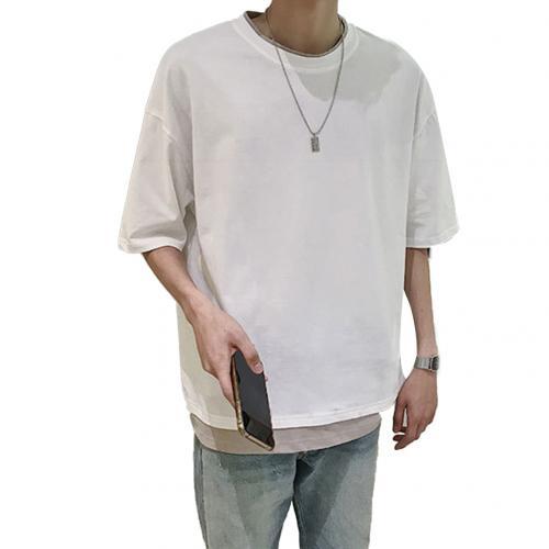 Guochao Summer Solid Color Fake Two-Piece Short-Sleeved T-Shirt Men'S Loose Half-Sleeved Round Neck Korean Style Trendy Student Compassionate