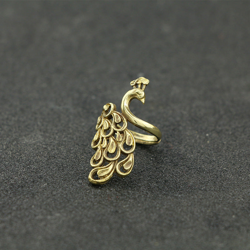 Pure Copper Ladies Ring Retro Opening Peacock Open Screen Brass Jewelry