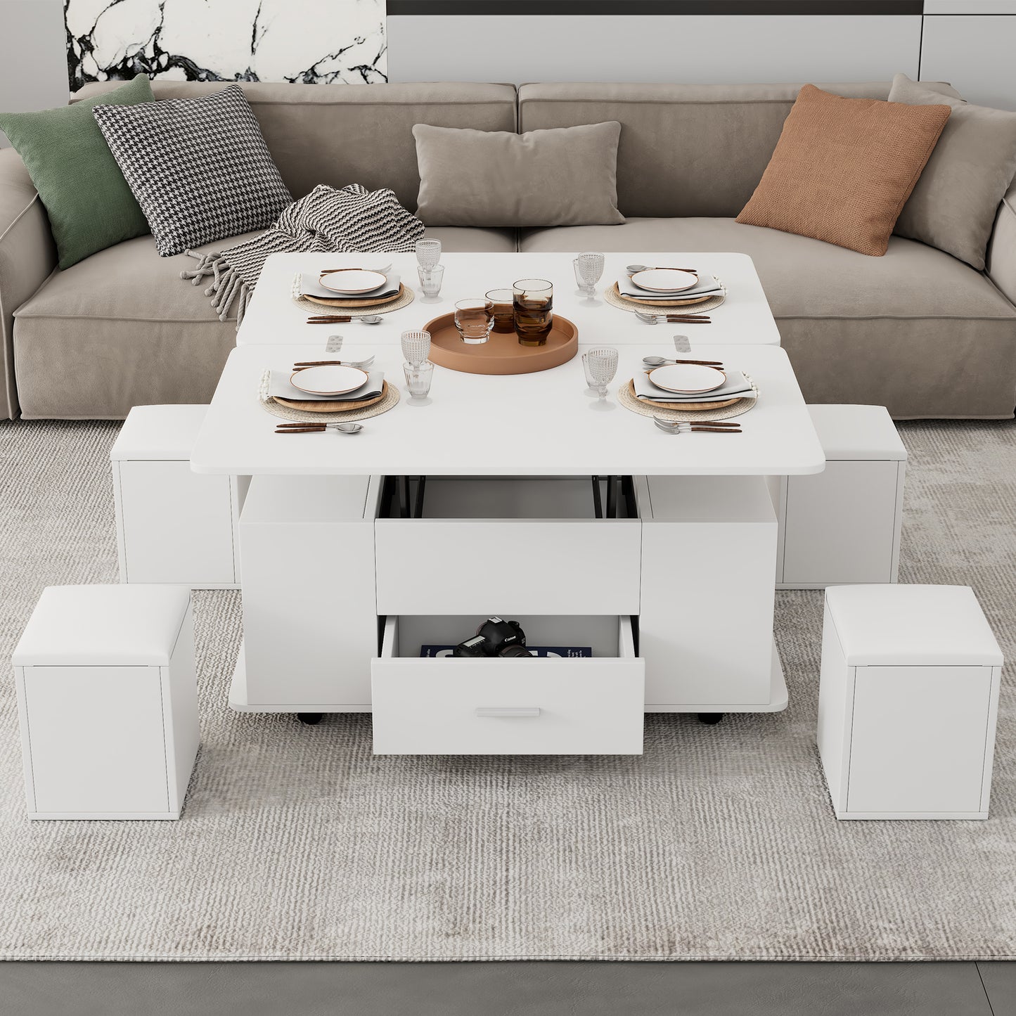 Lift Top Coffee Table With Wheels, Convertible Dining & Work Table With 4 Stools, Hidden Storage, Extendable Side Table, Space-saving End Table,Tea Table, White, 100x50x45cm Folded