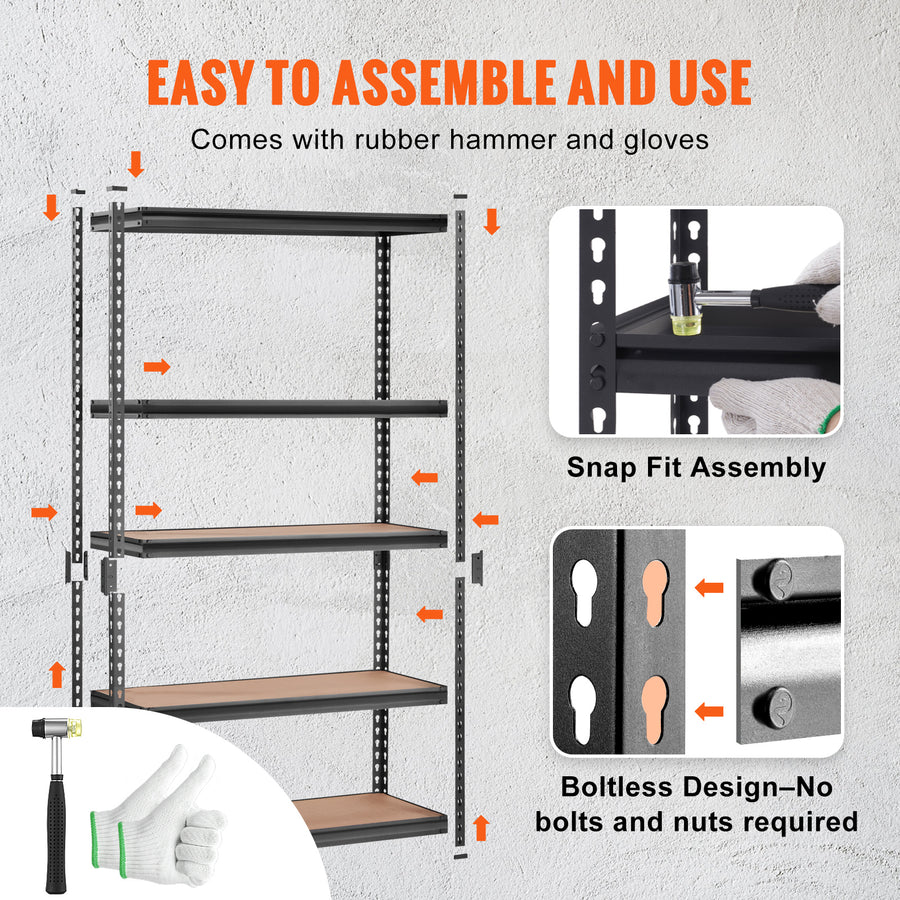 VEVOR Storage Shelving Unit, 5-Tier Adjustable, 2000 Lbs Capacity, Heavy Duty Garage Shelves Metal Organizer Utility Rack, Black, For Kitchen Pantry Basement Bathroom Laundry