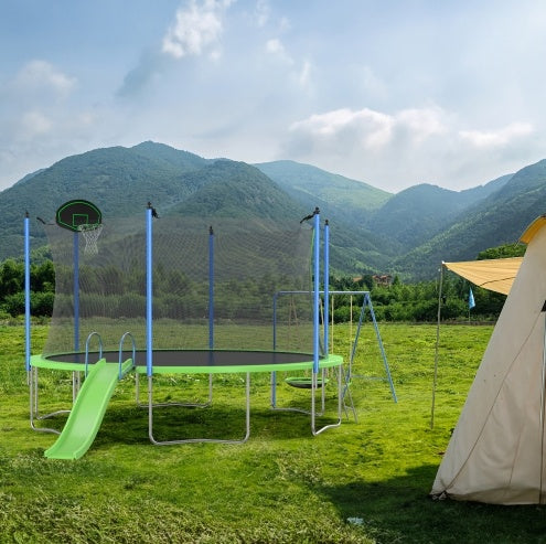 12FT Trampoline With Slide And Swings, ASTM Approved Large Recreational Trampoline With Basketball Hoop And Ladder,Outdoor Backyard Trampoline With Net, Capacity For Kids And Adults