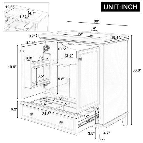 36 Bathroom Vanity With Sink, One Cabinet And Three Drawers, Solid Wood And MDF Board,