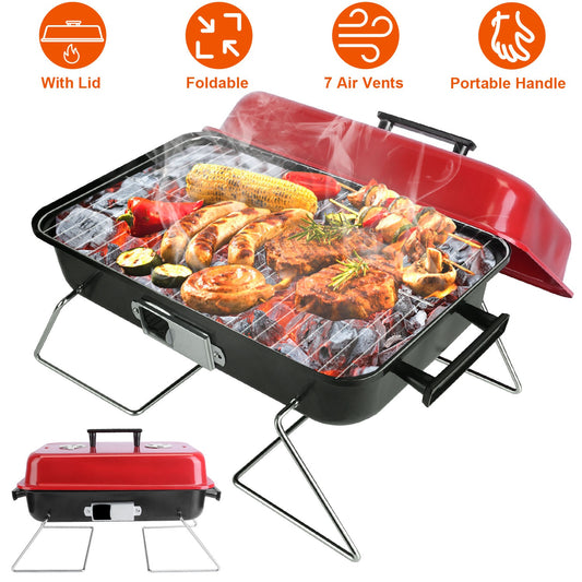 Portable Charcoal Grill Outdoor Tabletop Grill Small Barbecue Smoker Folding BBQ Grill With Lid For Camping Picnics Beach
