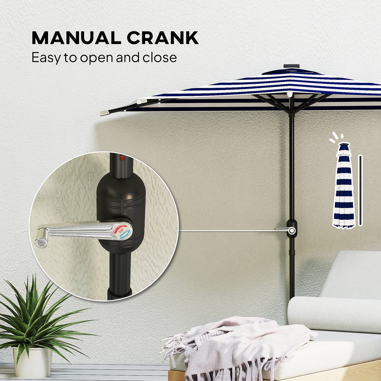 Half Umbrella Outdoor Patio Umbrella, UPF 30+ Small Balcony Umbrella, Vented Half Patio Umbrella with Crank 8 Ribs, Porch Umbrella for Garden Deck Poolside, Navy Blue