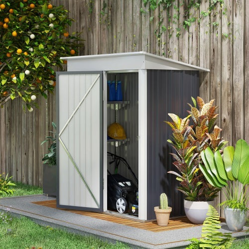 Outsunny Metal Garden Shed, Outdoor Lean-to Shed For Tool Motor Bike, With Adjustable Shelf, Lock, Gloves, 5x3x6 Dark Grey