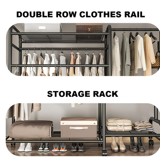 Heavy Duty Double Clothes Rail Rack Garment Hanging Stand Wardrobe Shelf--25Q-WIN-UK-Clothes Black