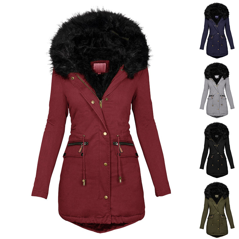 Women's Plush Hooded Parkas Winter Warm Thick Zip-up Jackets Casual Mid-length Solid Buckle Pockets Coat Outerwear Clothing