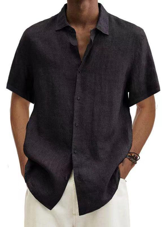 V-neck Button Cotton And Linen Solid Color Men's Trendy Shirt