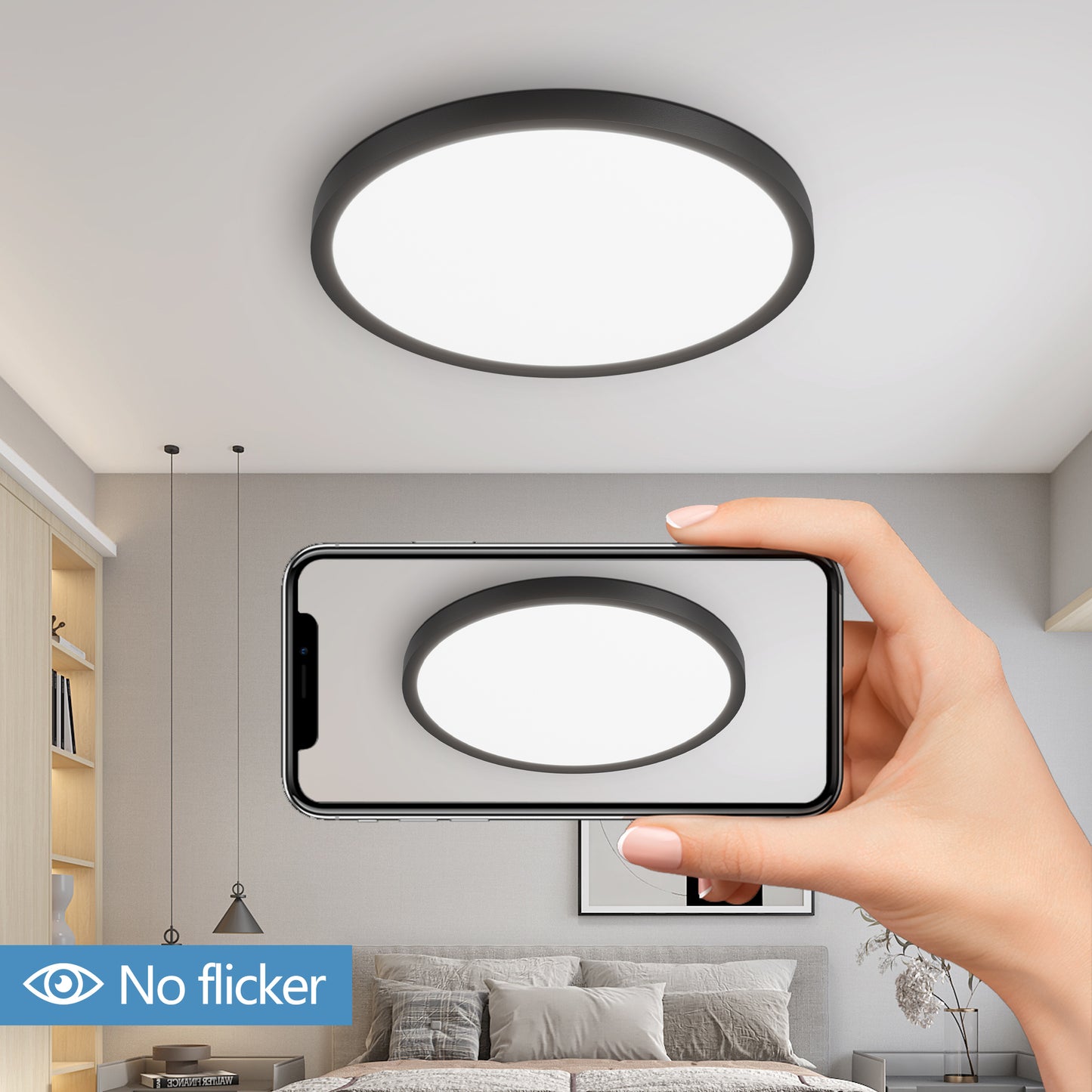 6PK 12 Inch Dimmable LED Flush Mount Ceiling Light, 2700K-6500K Adjustable,24W 2880LM Modern Ultra Thin Flat Round Fixtures For Low Ceiling Bedroom Kitchen Hallway Basement Closet, Black