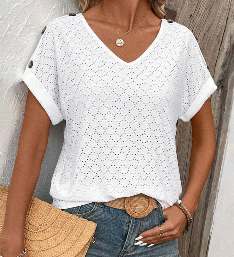 Button Solid Color Circle Loose Short Sleeve T-shirt For Women