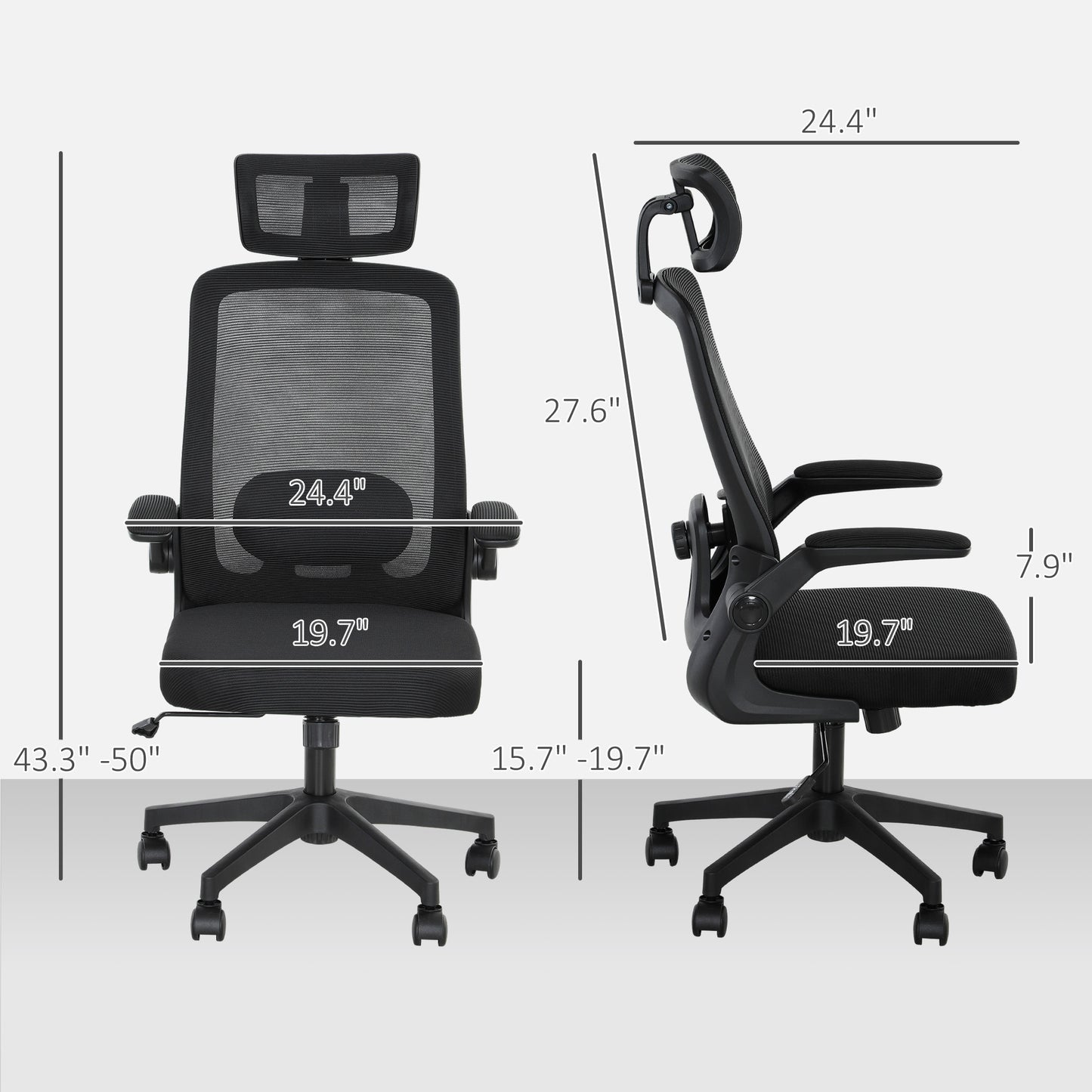 Mesh Office Chair, Ergonomic Desk Chair With Flip-up Armrest, Rotatable Headrest, Adjustable Lumbar Support, Black