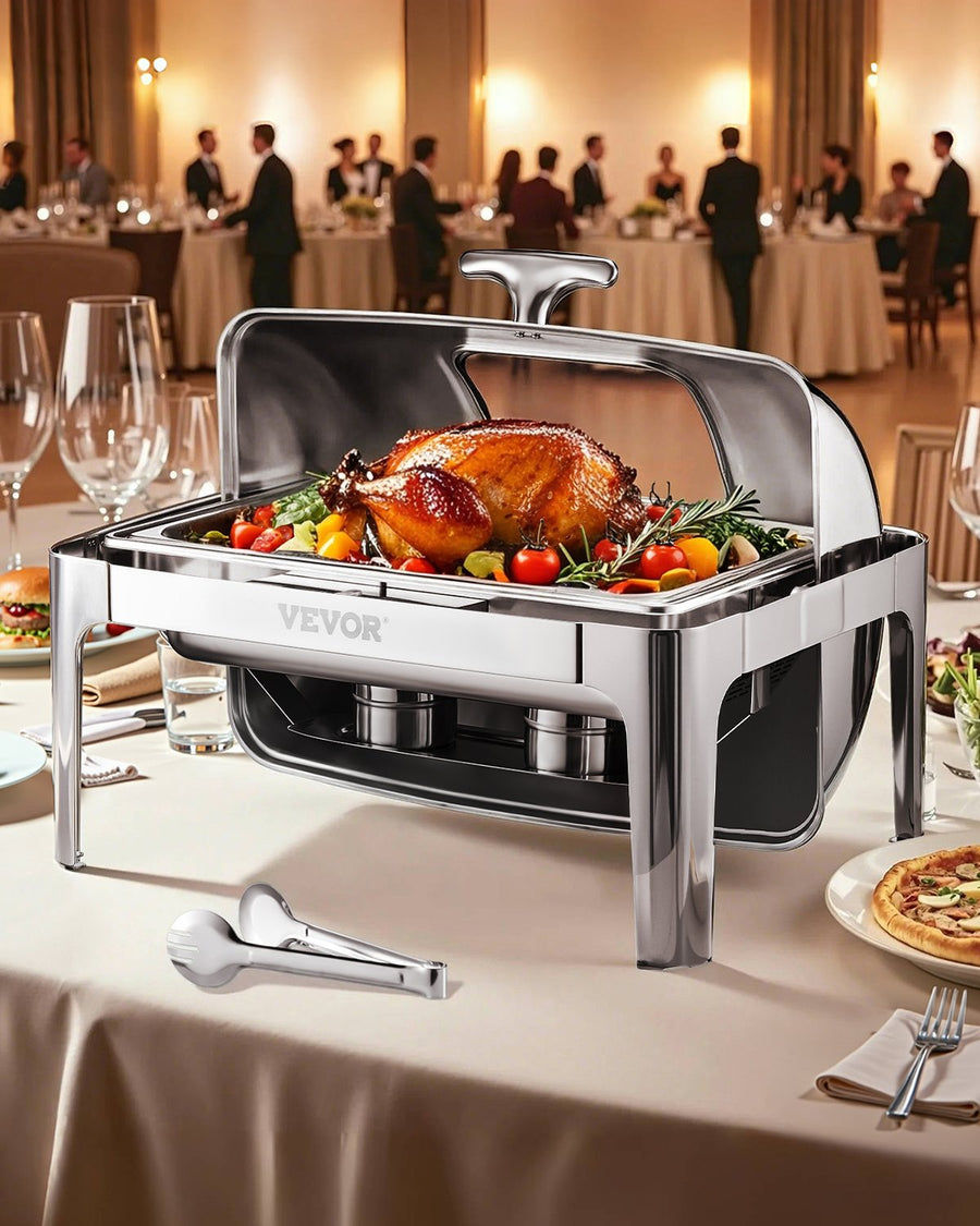 Chafing Dish Set Speisenwärmer Edelstahl Mit 2 Pfannen In Halber Größe (3,9 L), Rechteckiger Wärmespender Mit Sichtbarem Deckel & Wasserpfannenständer & Brennstoffhalter, Für Partys Silber