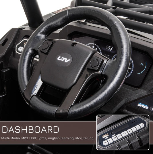 12V Kids Off-Road UTV Electric Ride On Car Black Camouflage High Roof Remote Control Lights MP3 Adventure Toys