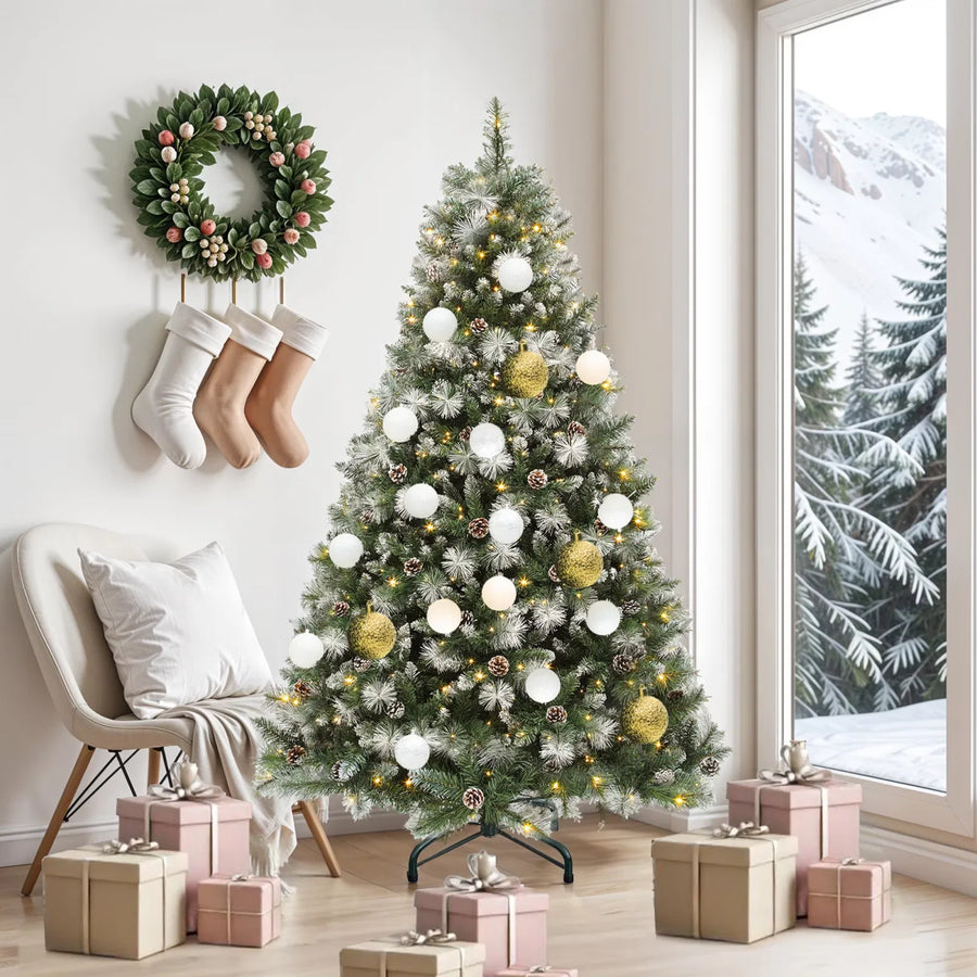 6ft Prelit Artificial Christmas Tree with 946 Branch Tips & 250 Lights, Pre-Decorated Scotch Pine Christmas Tree with Remote, 11 Light Modes, 56 Pine Cones, Green