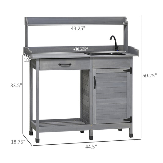 Potting Bench Table with Sink, Outdoor Work Bench Table with Storage Cabinet, Hooks, Removable Sink, Faucet and Drawer for Greenhouse, Garden, Patio, Gray
