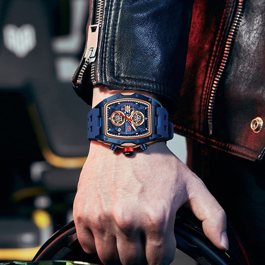 Track-Style Sports Chronograph Mens Watch With Curved Glass And Openwork Design