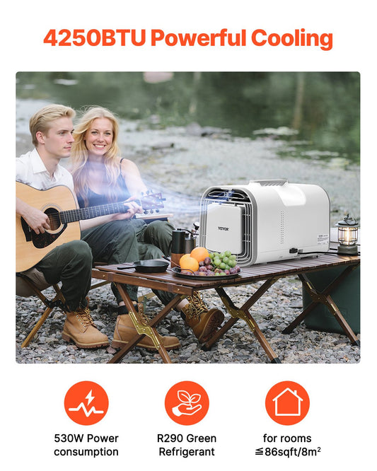 Tragbare Klimaanlage, 4250 BTU, 3-Gang-Klimagerät Mit 24-Stunden-Timer, Kühler, Einstellbar Von 16–32 °C, Kompatibel Mit AC/DC, Für Camping, Wohnmobile Oder Den Heimgebrauch, 510x270x315 Mm