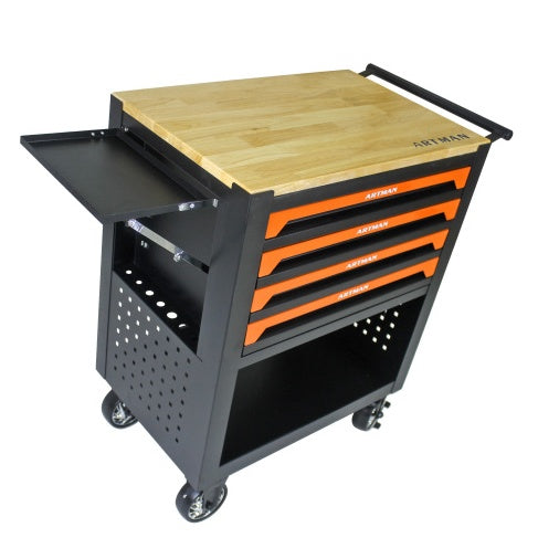 4 DRAWERS MULTIFUNCTIONAL TOOL CART WITH WHEELS AND WOODEN TOP-ORANGE