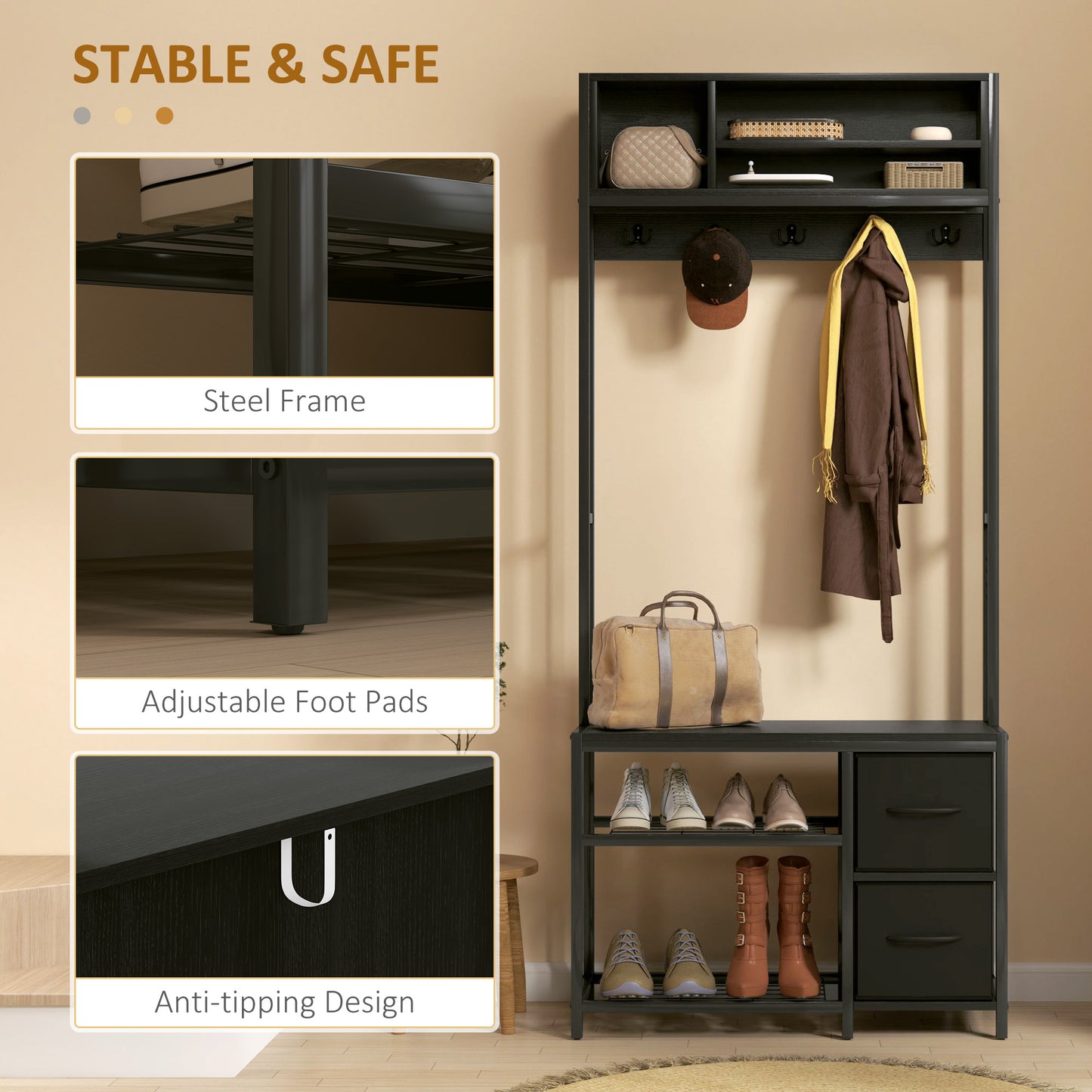Hall Tree with Bench and Shoe Storage, 5-in-1 Entryway Bench with Coat Rack, 3 Storage Shelves, 2 Fabric Drawers, Black