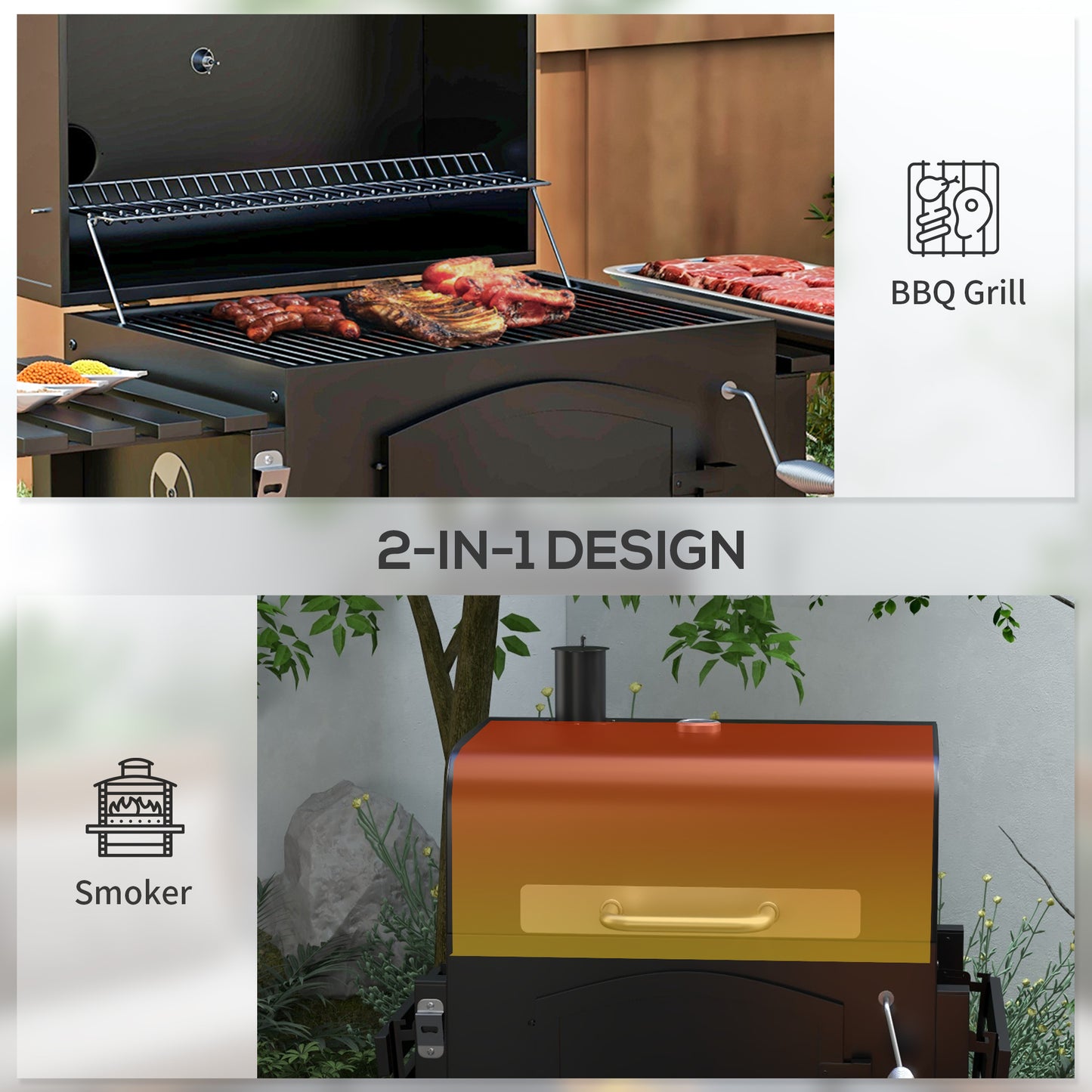 3-in-1 Charcoal BBQ, With Shelves - Black