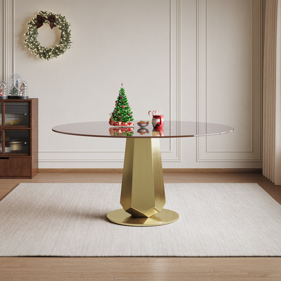53 Inch Luxury Round Dining Table With Smoked Glass Top Modern Kitchen Table For 4-8 People Gold Stainless Steel Base & Easy Assembly Space Saving Breakfast Table For Apartments