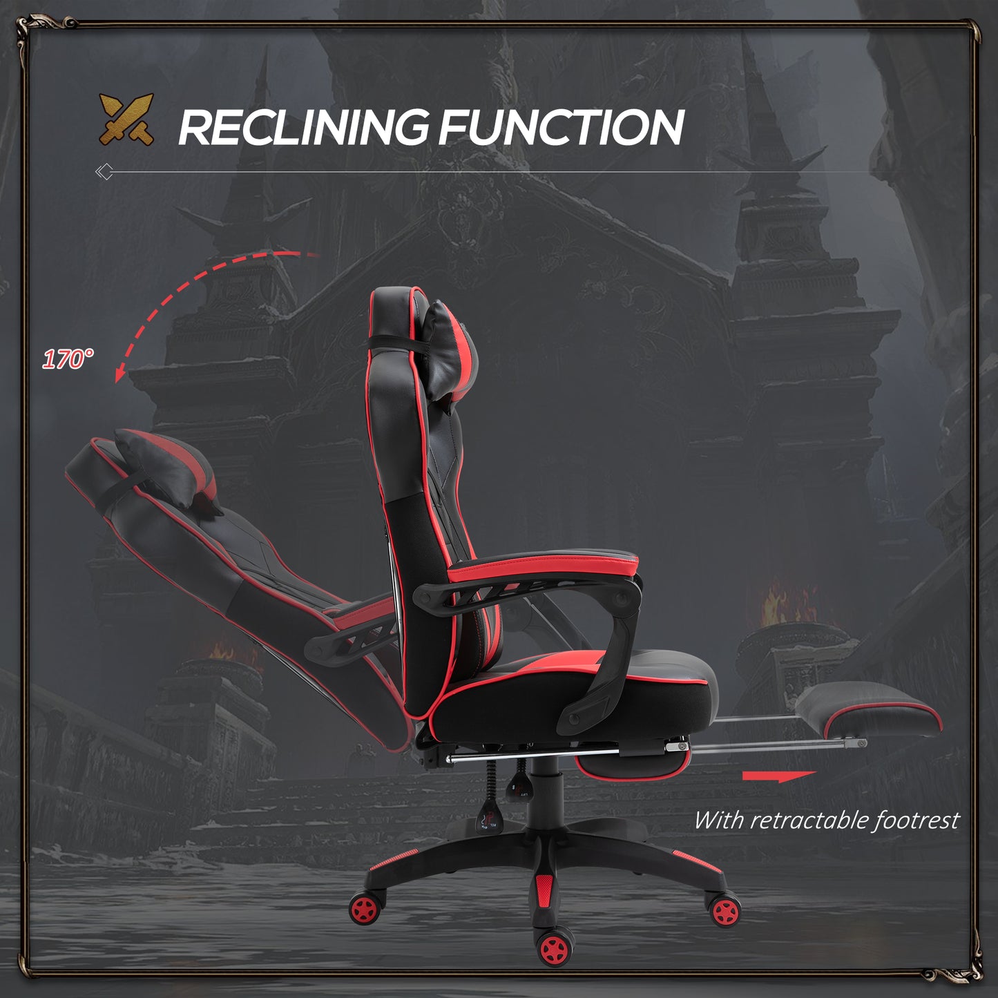 Vinsetto Computer Gaming Chair, Racing Desk Chair With Lumbar Support And Footrest, PU Leather Gamer Chair With Headrest And Swivel Wheels For Home, Red