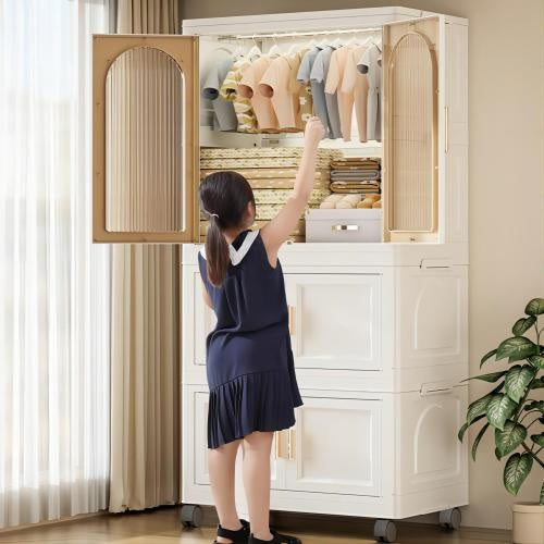 25.59 Side Wide Folding Wardrobe 25.59x15.75x57.09 With Magnetic Door Plastic Storage Cabinet With Wheels One Layer Of Wardrobe X Two Layers Of Folding BoxesX 10 Hangers