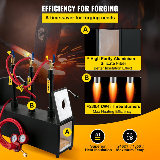 Gas Schmiedeofen 1350 °C, Brenner Schmiede 15 L, Schmiedeofen Drei Brenner Zweitürig Auskleidung Mit Aluminiumsilikatfaser, Metallschmiede Max. Leistung 230,4 KWh / 786.000 BTU, Gasdruckregler