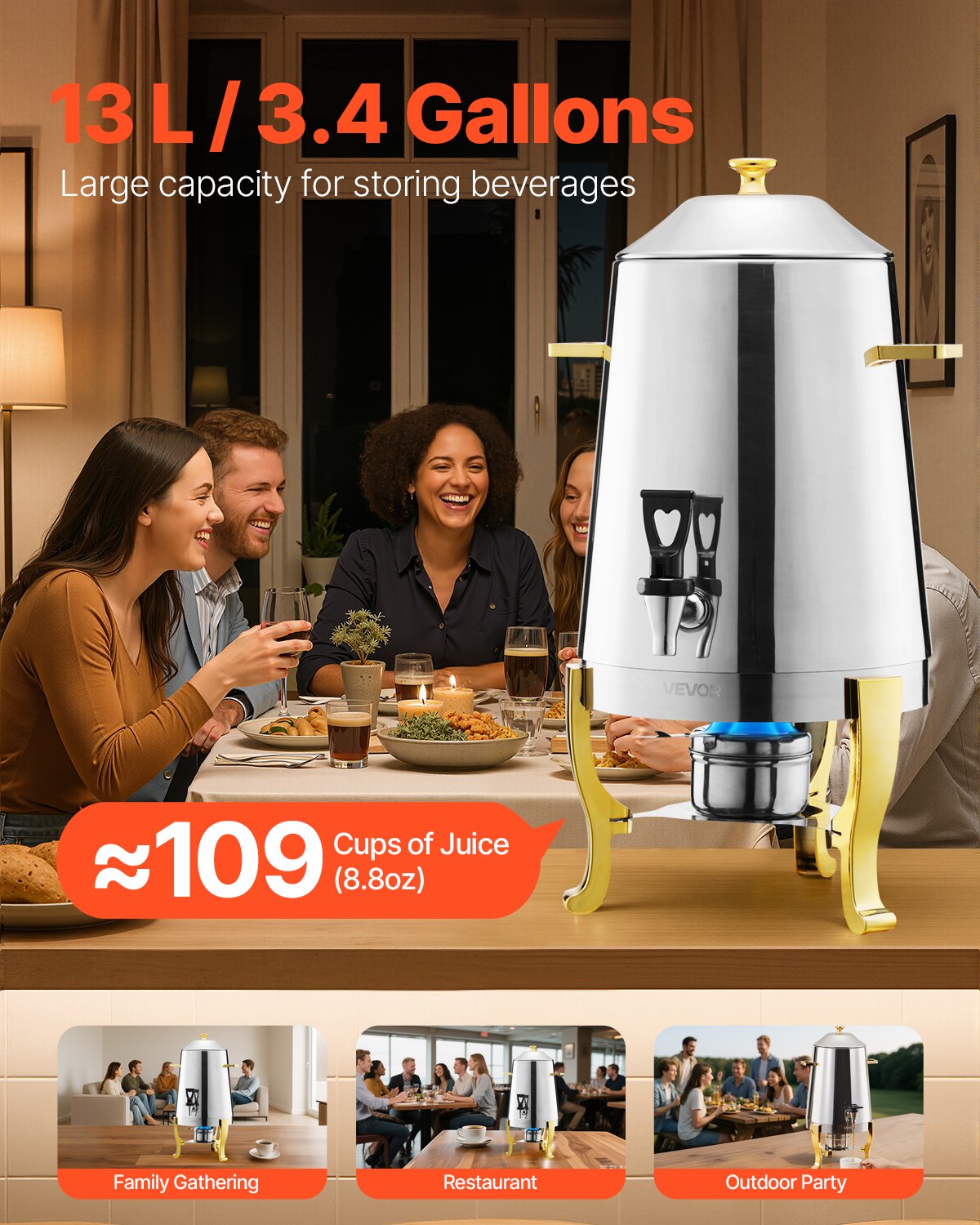 Getränkespender Heißgetränkespender (13 L) Aus Edelstahl Mit Alkoholbrenner, Kaltgetränkespender Mit Tropffreier Zapfhahn Für Kaffee Tee Heißes Wasser, Für Restaurants Hotels Partys