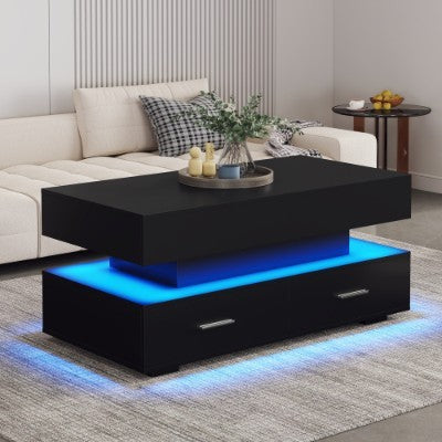 Hydraulic Lift Top Coffee Table, LED Coffee Tables With Storage For Living Room, Coffee Table With 2 Drawers & LED Light For Dining Reception Room, Black