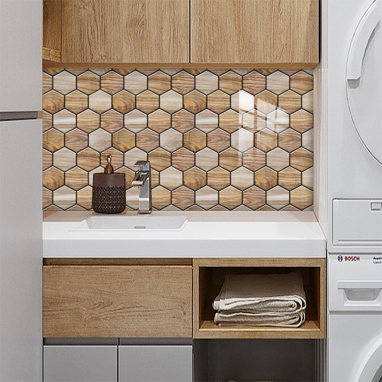 Hexagonal Peel Back Tiles, Kitchen And Bathroom Stickers, Wood Grain PVC Waterproof And Oil Proof Easy To Install Self-adhesive Wall Stickers Smooth And Easy To Clean