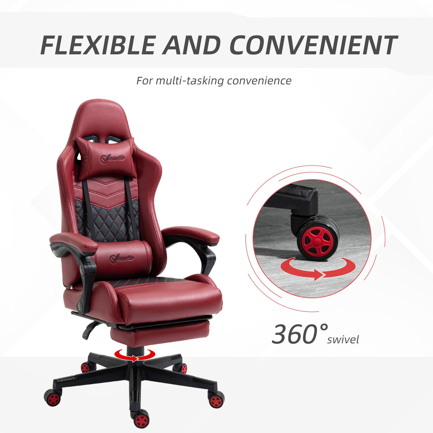 Racing Gaming Chair Diamond PU Leather Office Gamer Chair High Back Swivel Recliner with Footrest, Lumbar Support, Adjustable Height, Red