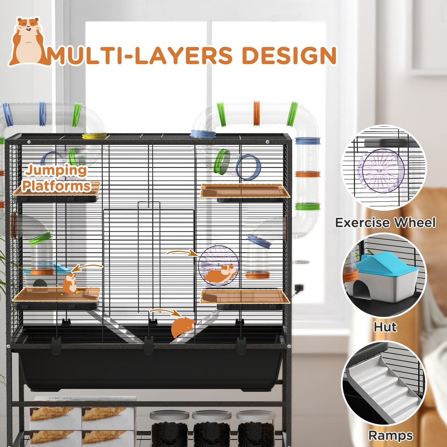Small Animal Cage for Syrian Hamster, Gerbil Cage with Tubing System, Running Wheel, Ramps, Platforms