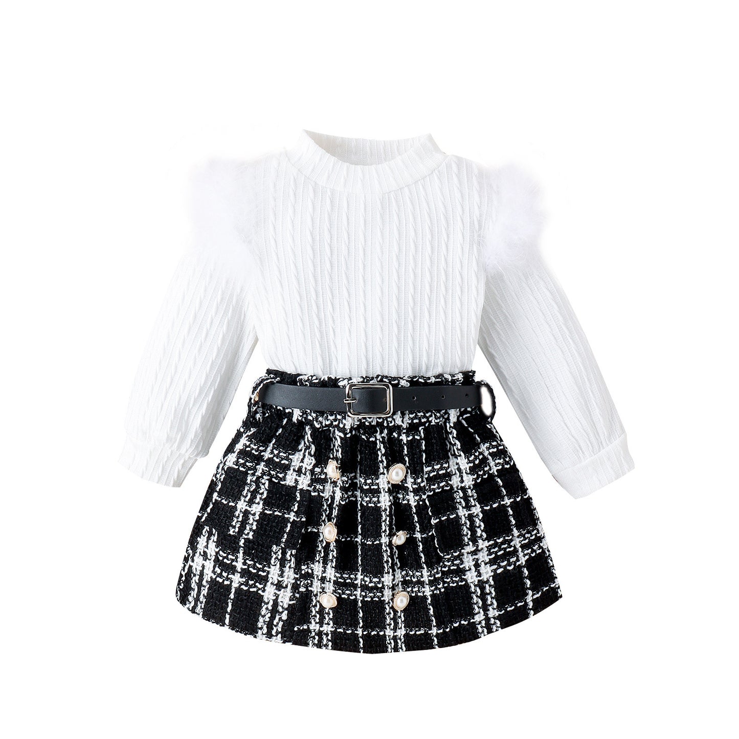 Autumn And Winter New Girls' Suit Furry Top Woolen Fabric Skirt With Belt Three-piece Set