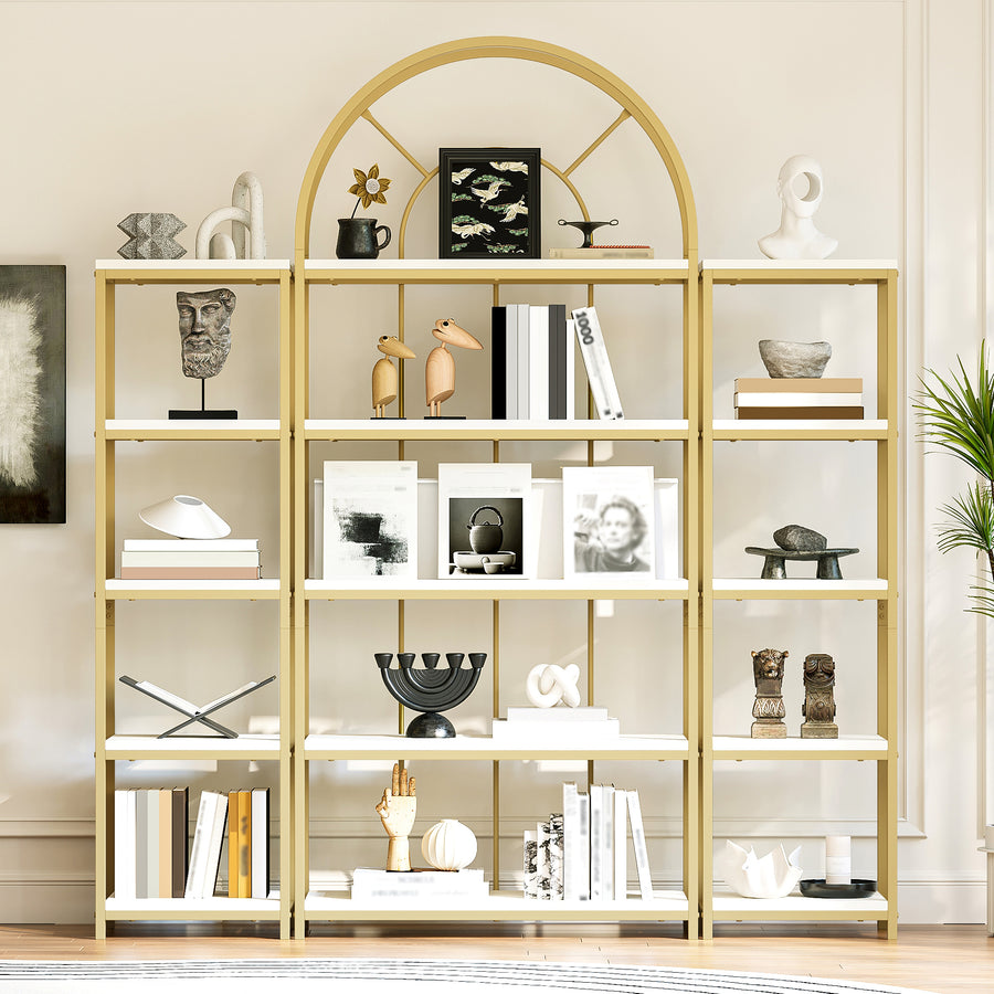 163X30X184 Cm Standing Shelf Set Modular Bookcase With Gold Metal Frame & White MDF Shelves, 3-Piece Shelf With Arch Design, Display Shelf For Living Room, Kitchen & Office Display Cabinet, Shelf, B