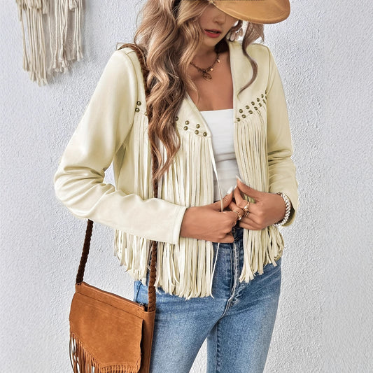 Women's Elegant Solid Color Tassel Trimmed Front Open Jacket Jacket