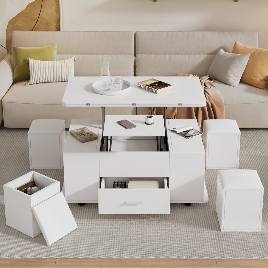 Lift Top Coffee Table With Wheels, Convertible Dining & Work Table With 4 Stools, Hidden Storage, Extendable Side Table, Space-saving End Table,Tea Table, White, 100x50x45cm Folded