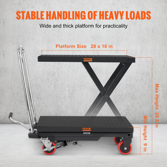 Hydraulic Lift Table Cart, 500lbs Capacity 28.5" Lifting Height, Manual Single Scissor Lift Table With 4 Wheels And Non-slip Pad, Hydraulic Scissor Cart For Material Handling, Black