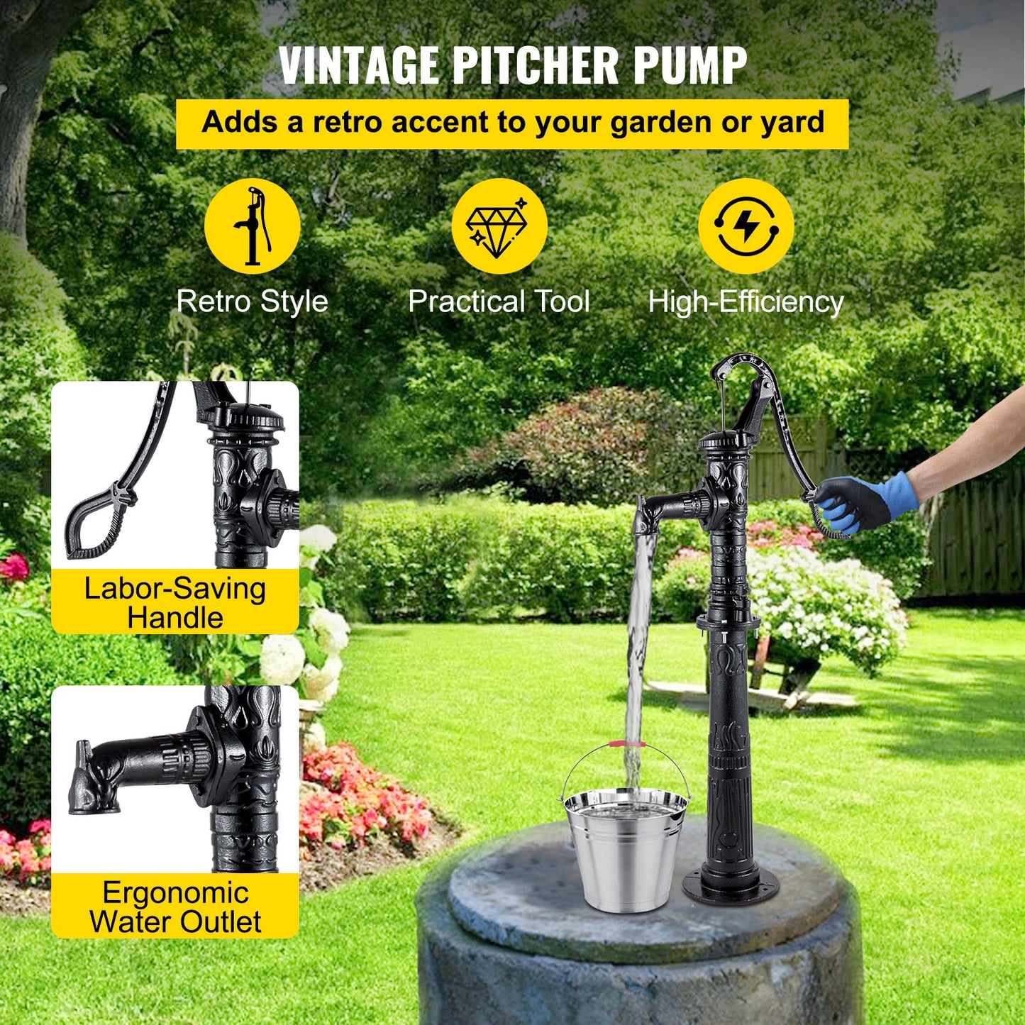 Hand Water Pump With Stand, 15.7 X 9.4 X 53.1 Inch Pitcher Pump & 26 Inch Pump Stand With Pre-set 1/2" Holes For Easy Installation, Rustic Cast Iron Well Pump For Yard, Garden, Farm Irrigation,B