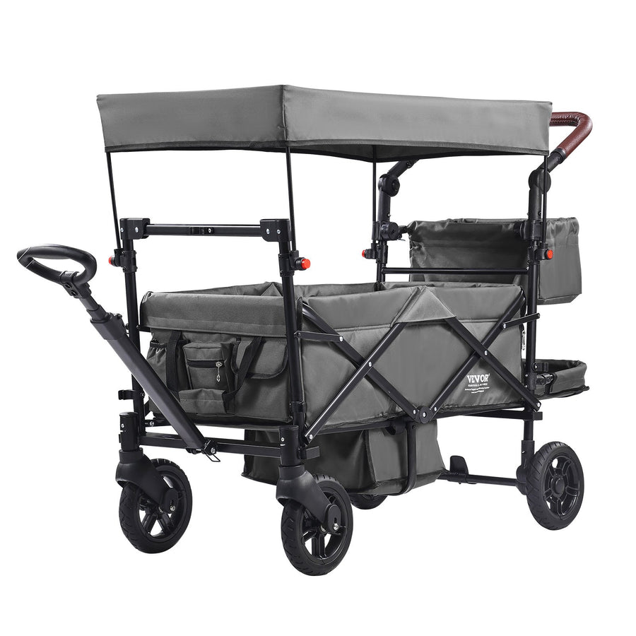 Wagon Stroller For 2 Kids, Push Pull Quad Collapsible Stroller With Adjustable Handle, Encircling Harness Removable Canopy, 4 Wheels W/ Brakes, Mutifunction Tandem Stroller For Camping Dark Grey
