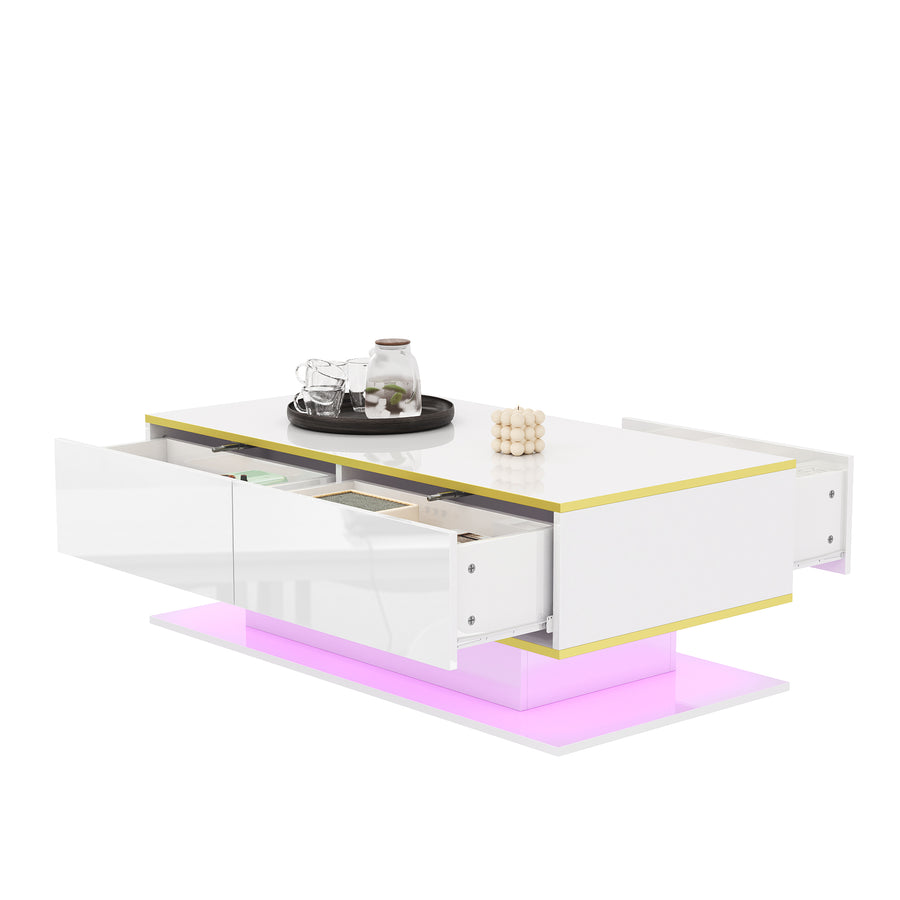 Modern LED Coffee Table With High-Gloss Finish, 100 Cm Length, Gold Accents, 3 Drawers & USB LED Light Strip Adapter-Power Bank Required