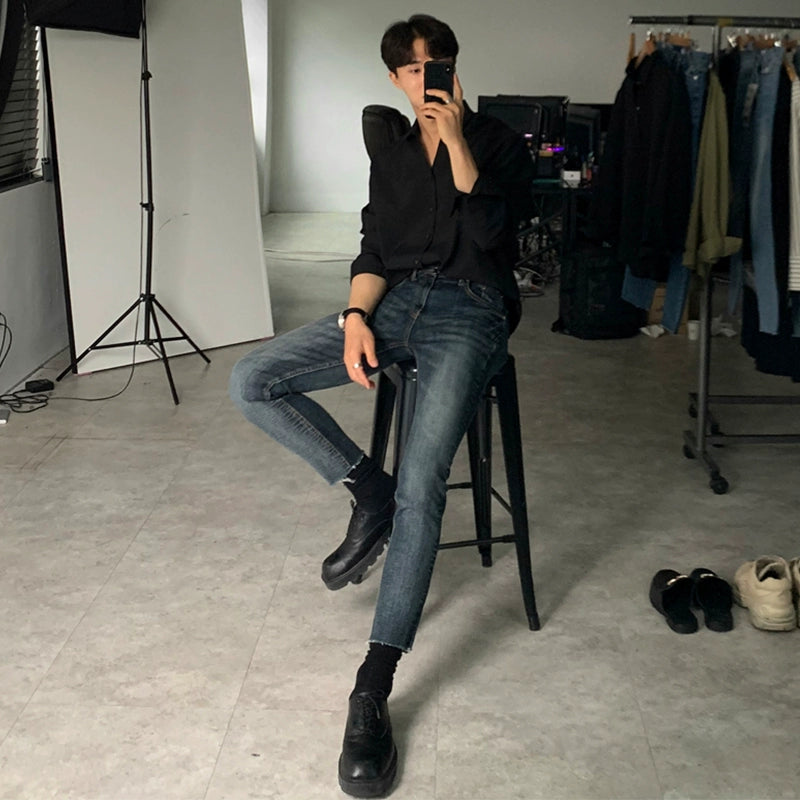 New Jeans Men's Trendy Brand Korean Version Trendy Handsome Slim Feet Nine Points Casual Pants Retro All-match