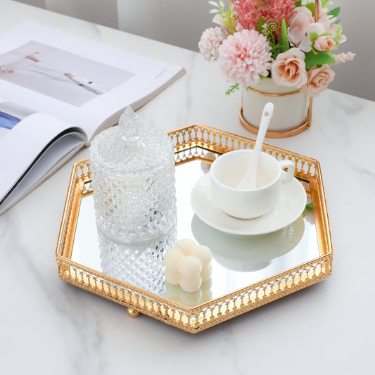 Mirror Glass Tray Nordic Style Golden Iron Storage Tray Fruit Tray Home Living Room Light Luxury Decoration Ornaments