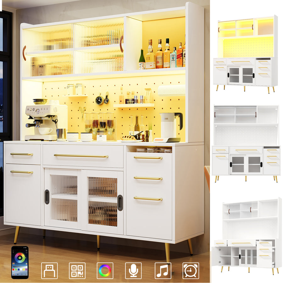 Modernes Sideboard Mit LED Beleuchtung Hochschrank Fur Kuche Wohnzimmer, Aufbewahrungsschrank Mit Lochwand, Schublade Glasboden, White