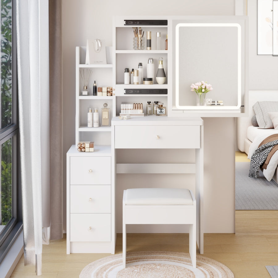 Small Size Left Bedside Cabinet Vanity Table Cushioned Stool, Extra Large Touch Control Sliding LE
