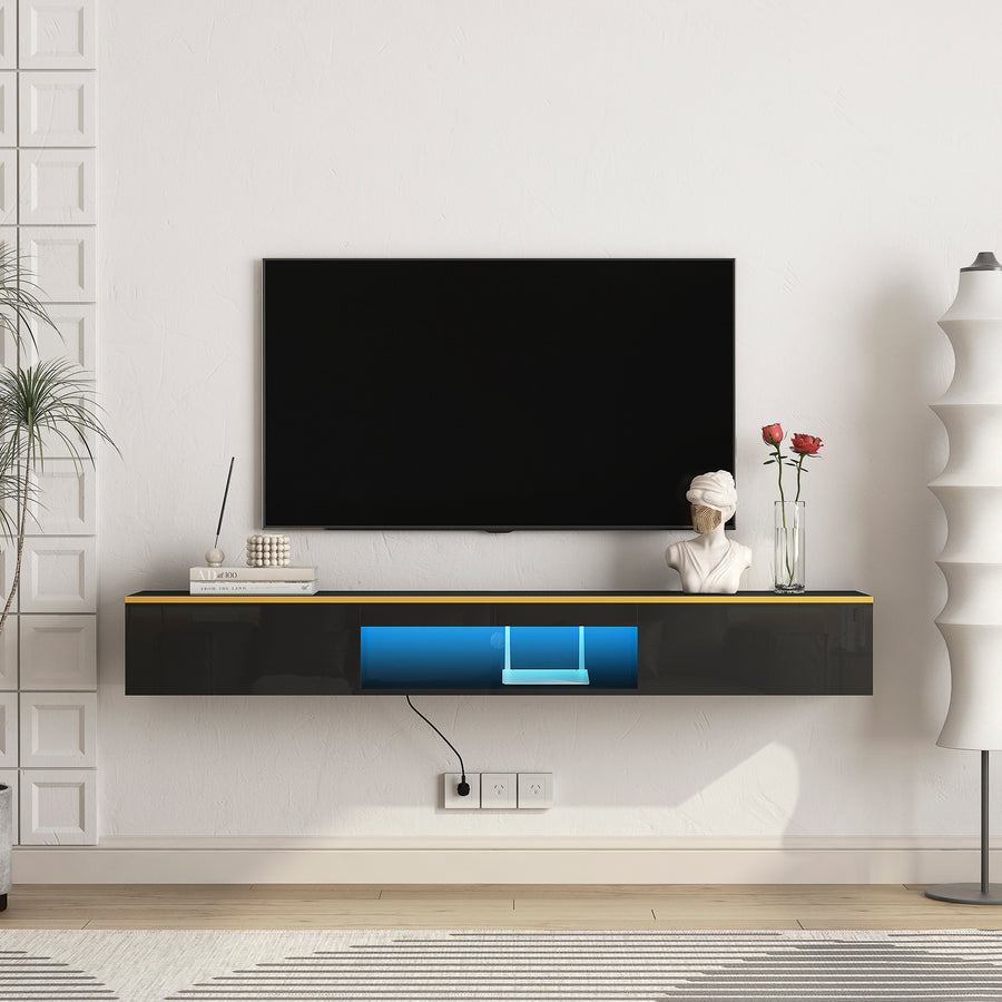Floating TV Stand Wall Mounted With 16 Color LEDs,Modern TV Stand, Floating TV Cabinet Entertainment Center For 55 60 65 Inch TV,Black